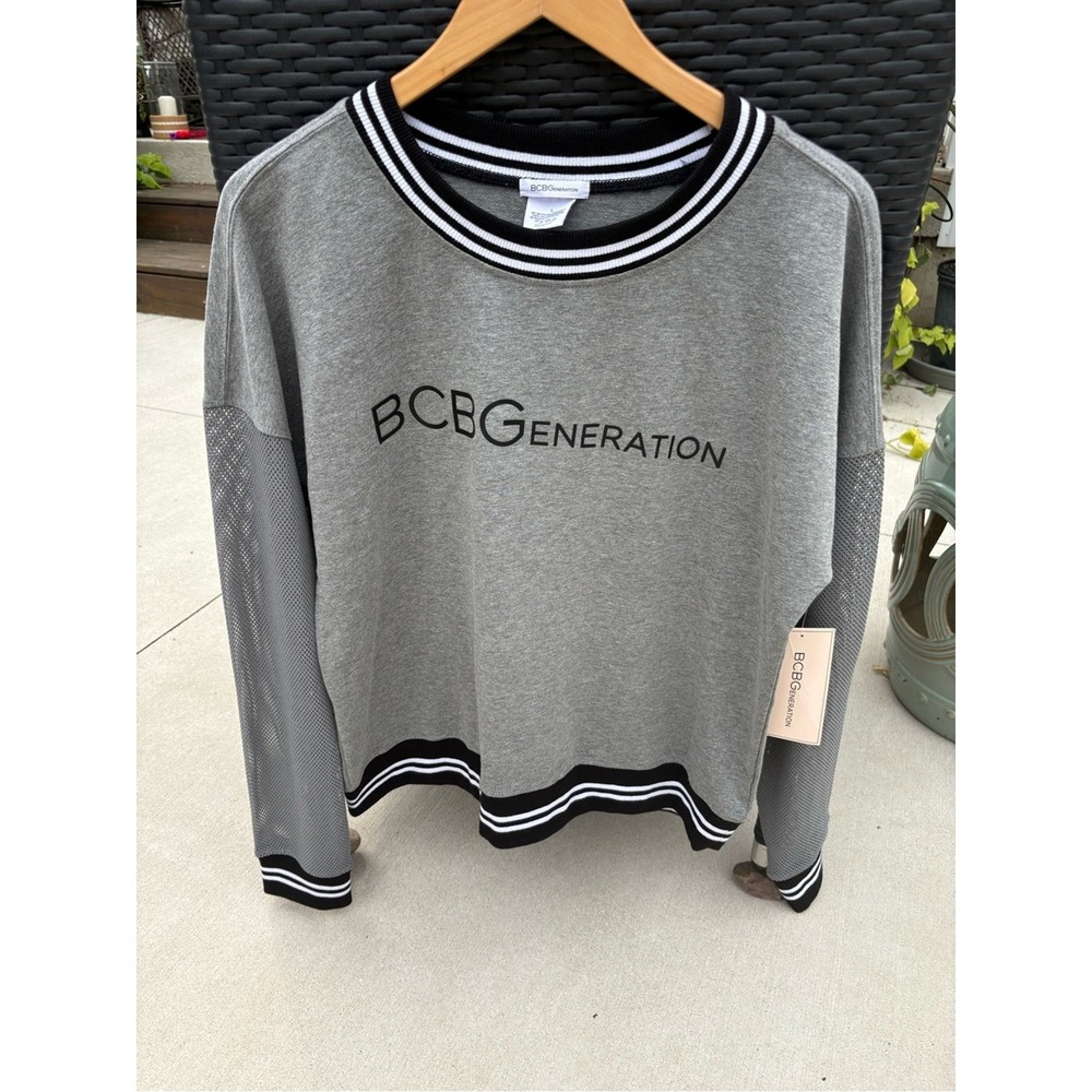 Women's BCBGeneration Grey Crewneck Sweatshirt with Mesh Sleeves-Size L